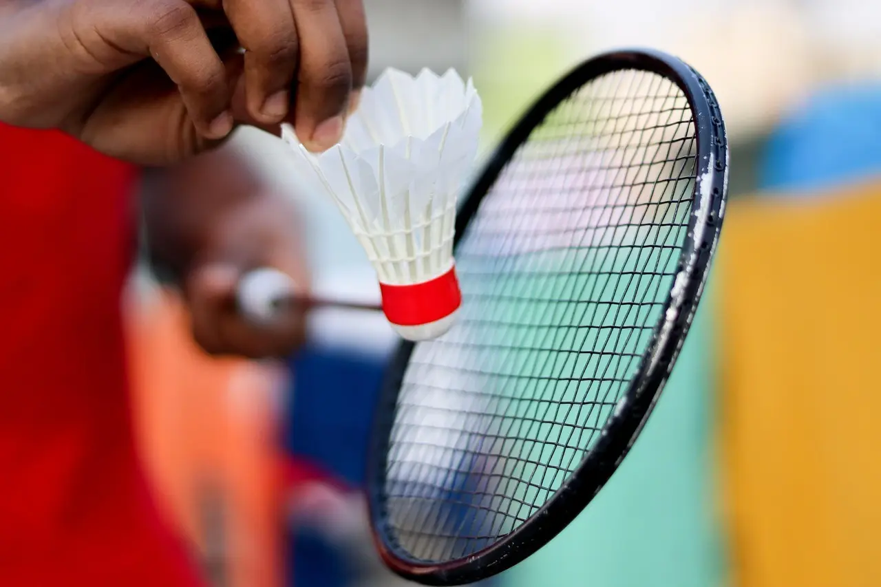 Hånd med badmintonketcher og fjerbold